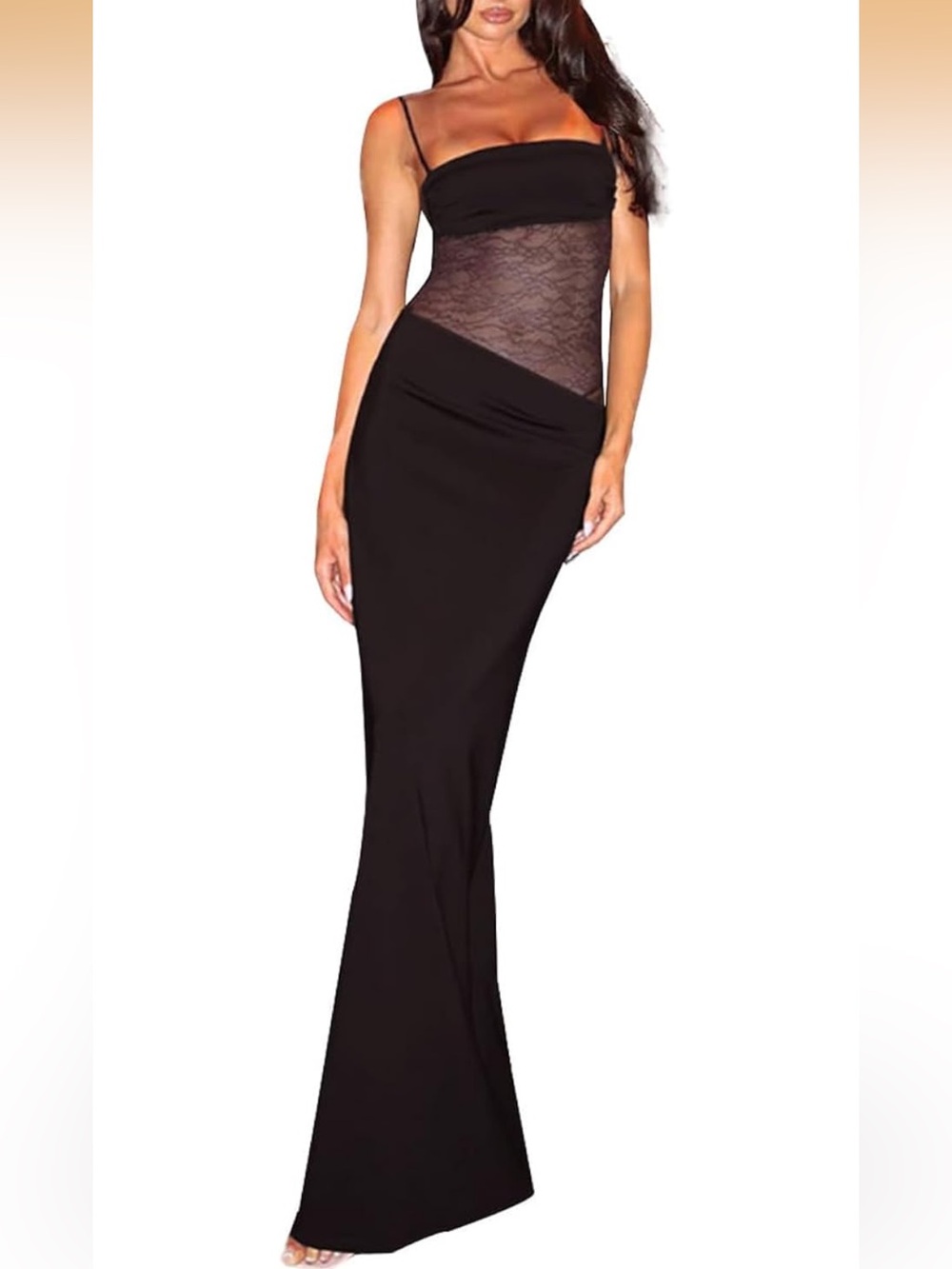 Sexy Lace Patchwork Maxi Dress Spaghetti Straps Sheer Long Bodycon S. 633/bb18-1